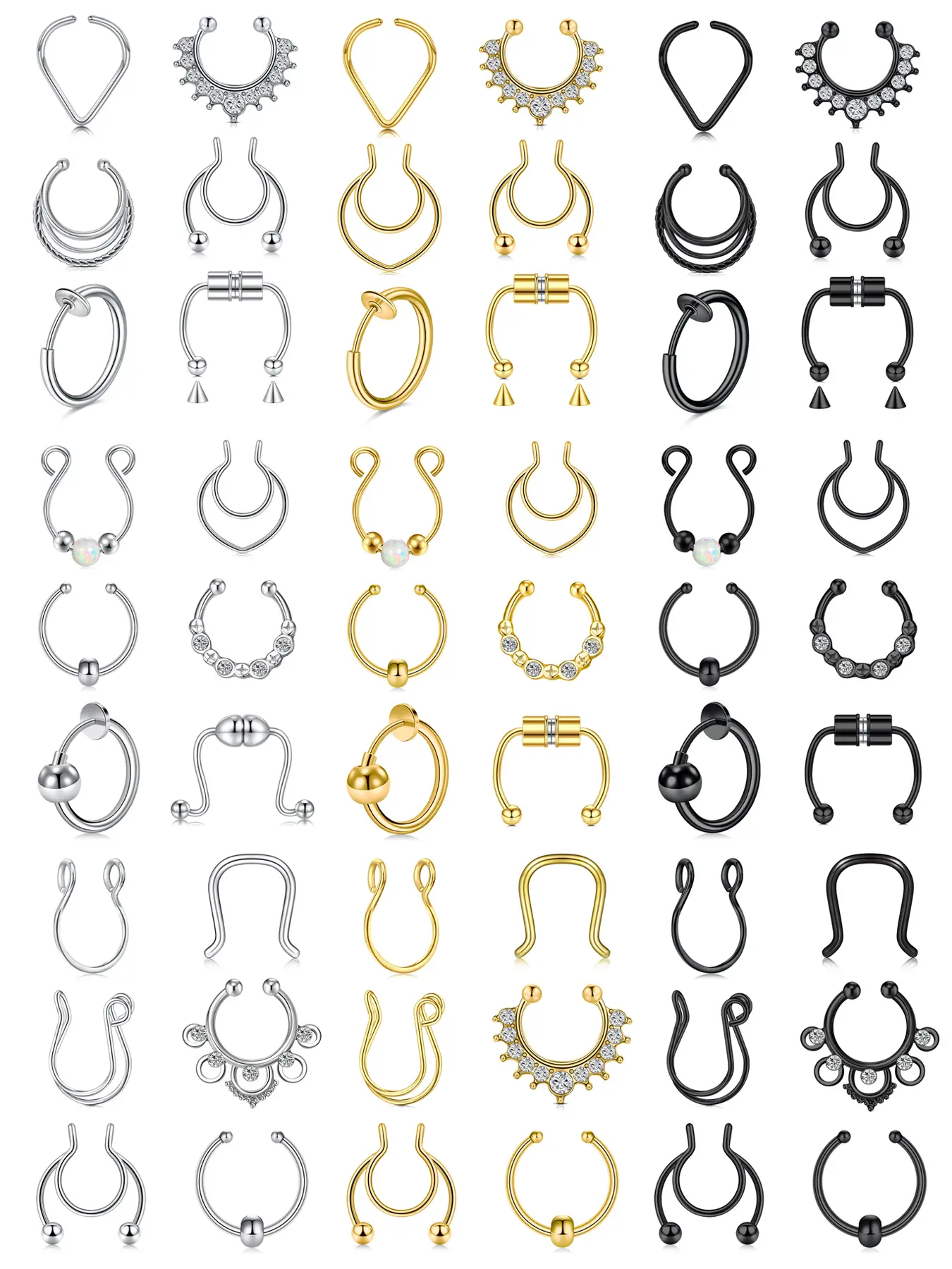 6pcs Fake Nose Ring Set for Women & Men, Clip-On Faux Nose Piercings, Non-Piercing Septum Cuffs, Stylish Lip Rings Accessory, Nose Ring Jewelry, Body Jewelry