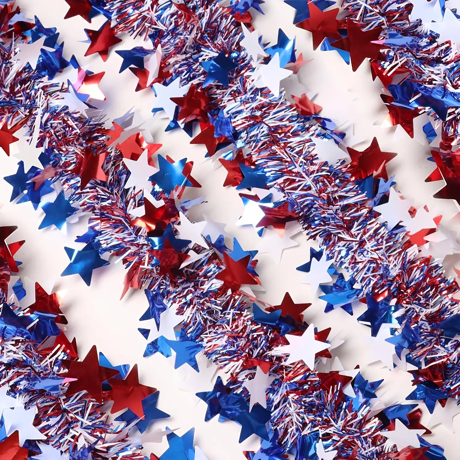 6.5Ft/200cm 4th of July Red White Blue Star Tinsel Garland Memorial Day Patriotic Decoration Independence Day Metallic Tree Garland Glitter Tinsel Hanging Twist for Veterans Day Patriotic Decor