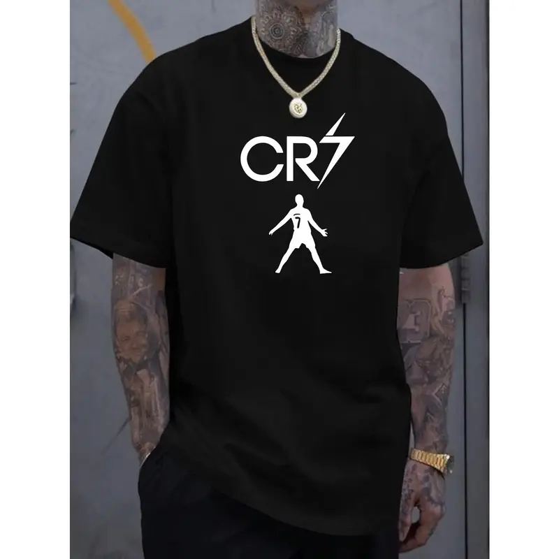 Men's CR7 Print Casual Short-Sleeve T-Shirt - Menswear, Undershirt, Basic Comfy Cotton Lightweight Regular-Fit Crew Neck Summer Tee, Ideal Gift for Daily Casual Wear