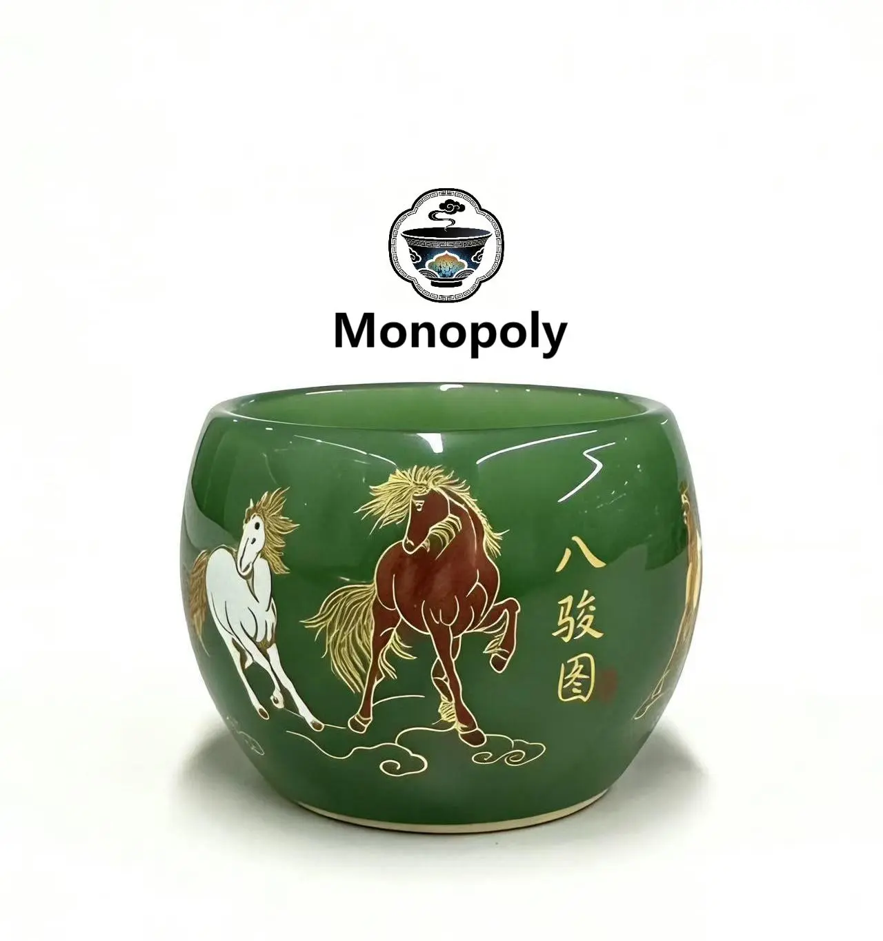 Prosperity Jade-Glaze Teacup - Eight Immortal Horses Design LLL0006