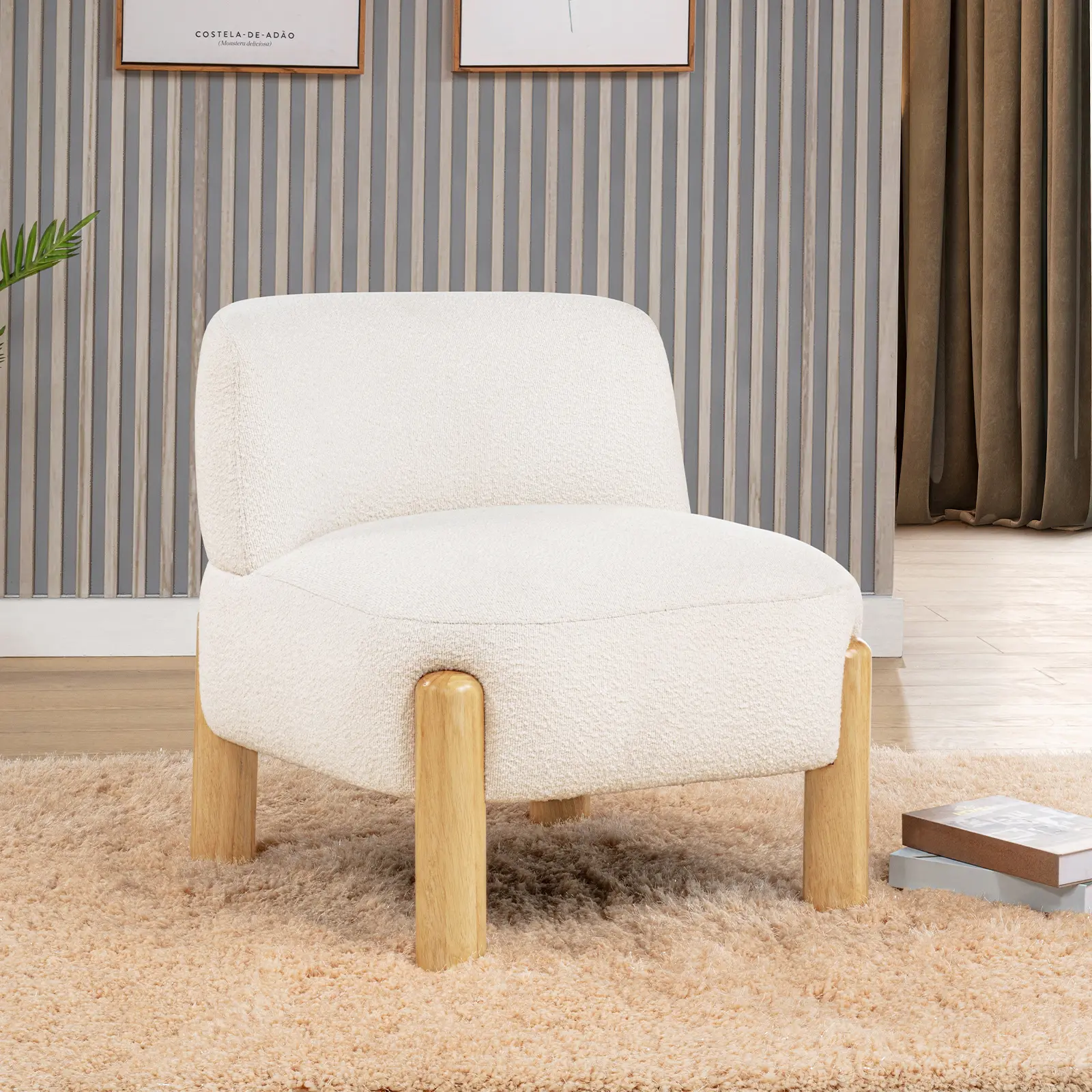 Best Master Furniture Alya Cream Burlap Upholstered Armless Accent Chair with Natural Legs