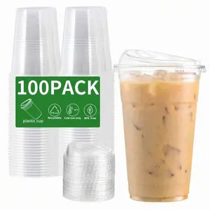 100 Set Clear Plastic Cups, 12/16/20/24 OZ Disposable Iced Coffee Cups , Smoothie Cups, PET Crystal Party Cups, Cold Beverages Drinking Cups For Thanksgiving, Halloween, Christmas