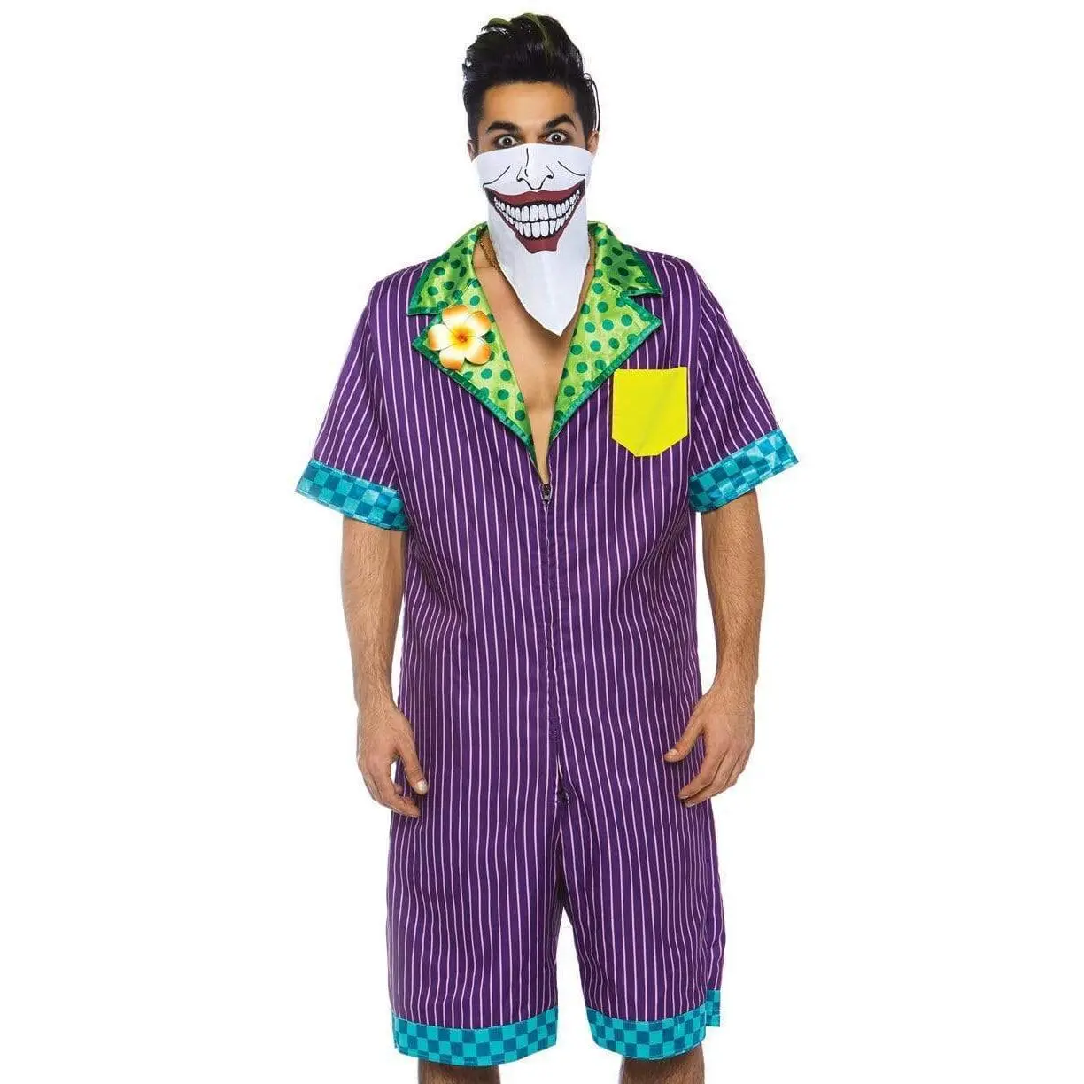Jokester Villain Jumpsuit for Men, 2-Piece Relaxed Fit Onesie Cosplay Costume with Mask for Halloween Parties