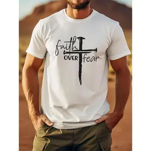 ToolHeaven [FAITH OVER FEAR T-Shirt] Comfortable Breathable Short Sleeve T-Shirt - FAITH OVER FEAR Men'S Front Printed Casual Top For Summer, Spring And Fall