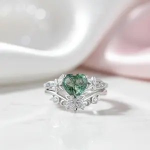 Heart Shaped Moss Agate Engagement Ring Set