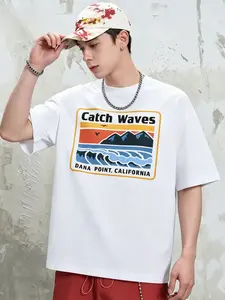 Men's Catch Waves Surfing Style Cotton T-Shirt, Loose Fit Short Sleeve Top, American Vintage Design, Long Clothing Length