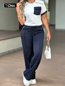 Summer Casual Sport Set, Colorblock Pockets Short Sleeve T-Shirt and Long Pants, Slimming Women's Two-Piece, Ankle Length, Loose Fit