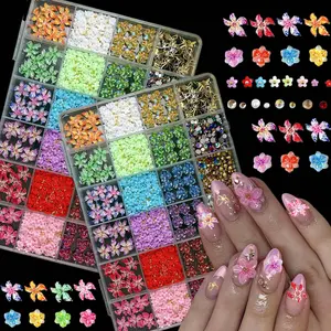 3D Soft Hibiscus Flowers Nail Charms, Color Summer Lily Flower Designs for Nails, Flower Petals Nail Charms, Silver Gold Caviar Beads Pearls Nail Gems and Charms for Nail Art Design DIY Supplies