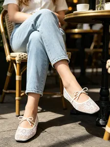 Elegant Embroidered Ballet Flats, Flat Round Toe, Gingham Pattern, Textile Upper, Rubber Sole, Casual Spring & Fall Shoes, Comfortable Fit, Versatile Fashion Shoes