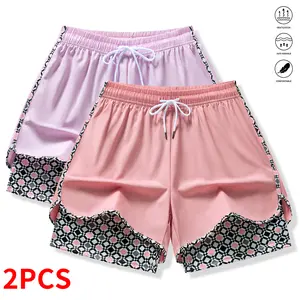 2PCS women’s camouflage shorts, 2+1 styles, 5-inch running shorts, anti-exposure athletic shorts with inner pockets, quick-dry breathable lightweight fabric, adjustable waistband design, suitable for fitness activities.