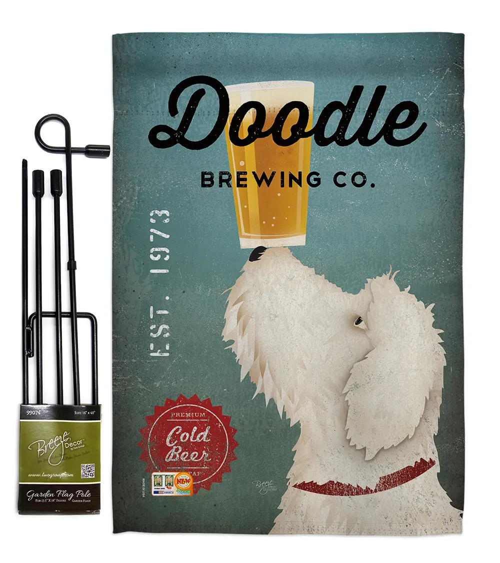 Breeze Decor BD-PT-GS-110112-IP-BO-D-US18-WA 13 x 18.5 in. Doodle Brewing Nature Pets Vertical Double Sided Mini Garden Flag Set with Banner Pole