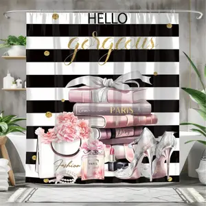 1/4 piece fashion style black and white striped shower curtain set,waterproof shower curtain with 12 hooks, non-slip bathroom carpet, toilet U-shaped cushion, toilet seat cover cushion, bathroom decoration, bathroom shower curtain set, perfect mobile gift