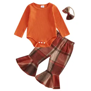Vintage Baby Girls Fall Winter Clothes Outfits Long Sleeve Onesie RIbbed Knit Romper + Plaid Flare Pants + Headband Set Newborn Infant Girl Bell Bottoms Outfits