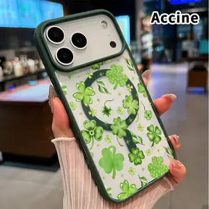 Magnetic Phone Case for iPhone 17 Pro Max 16 Plus 15 14 13 12 11 Air E St. Patrick‘s Day Clover Dreamscape Pattern Acrylic Back TPU Edges Clear support wireless charging Bumper Cover