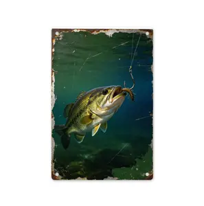 Vintage Largemouth Bass Fishing Tin Sign - Underwater Bite Retro Distressed Wall Decor