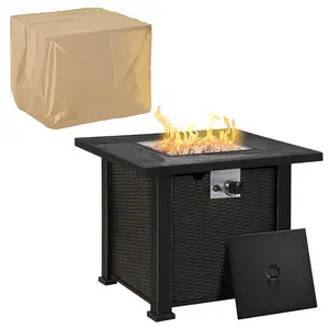 30 Inch Outdoor Propane Gas Fire Pit Table, 50,000 BTU Auto-Ignition Square Wicker-effect Gas Firepit with Ceramic Tabletop, Lid, Lava Rocks & Rain Cover, CSA Certification