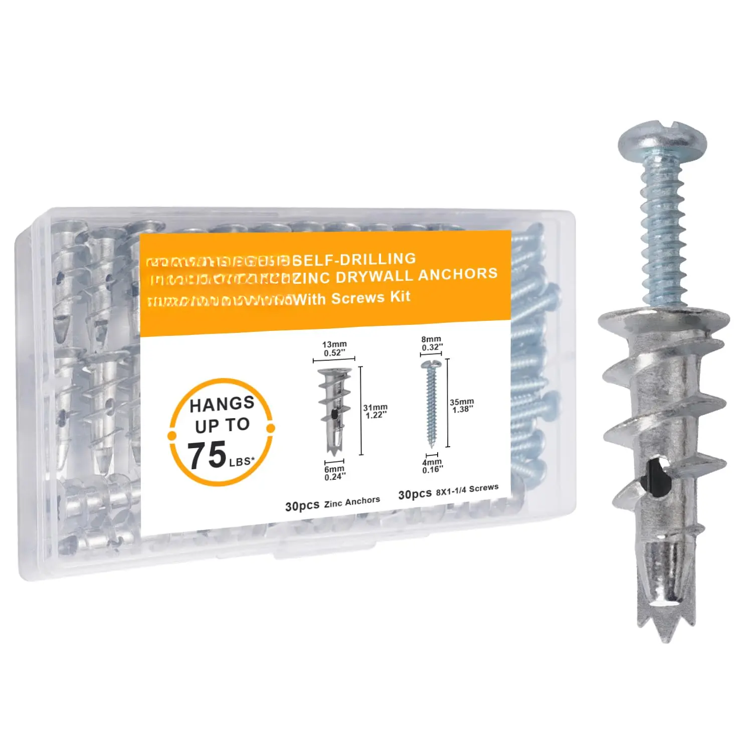 #8 Self Drilling Drywall Anchors Screw Kit - 30 Sets Dry Wall Anchors and Screw for Drywall with 30 Self-Tapping Thread Zinc Sheetrock Anchor 30#8 x 1-1/4'' 304 Screw 75LB Hanging (30 M Zinc)