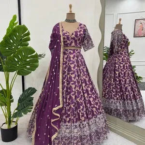 Women's Jacquard Silk Lehnga Set with Chiffon Dupatta and Kari Embroidery, Ideal for Weddings, Festivals