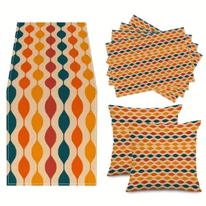 7-Piece Set Table Mats, Cushion Covers & Table Runner, Abstract Geometric Stripes Print, Outdoor Home Dining Decor