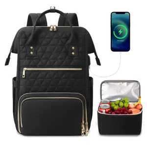 Lunch Backpack for Women, 17.3 Inch Laptop Backpack with USB Port, Stylish Nurse Backpack Teacher Work Bag with Insulated Cooler Lunch Box for Women Men/Travel, Black
