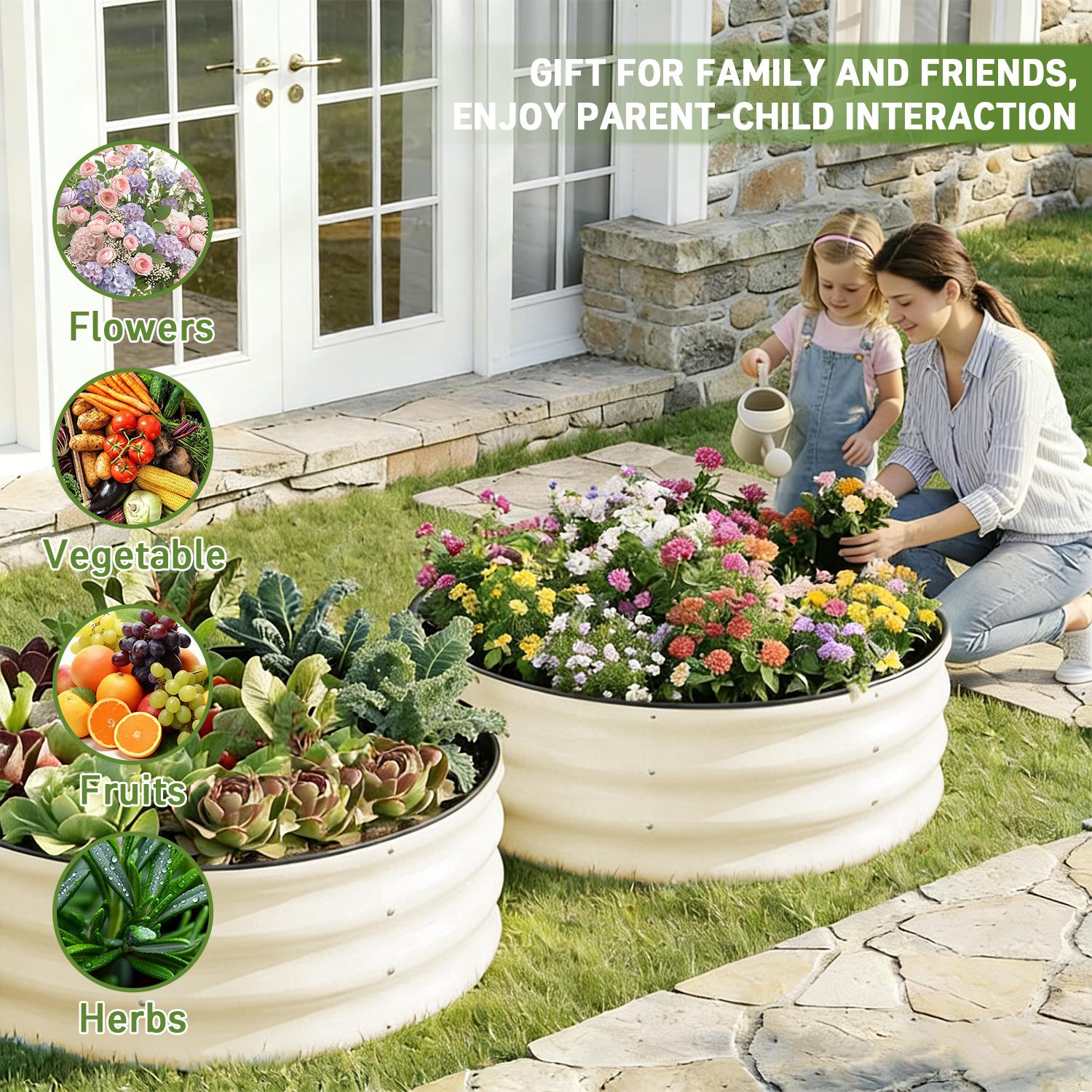 【Plant Must Have】Metal round raised 2Pcs 2x2x1ft Round Galvanized Raised Garden Bed Kit Outdoor, Metal Planter Box for Planting Plants Vegetables, White