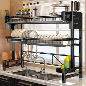 3-Layer Stainless Steel Expandable Bowl And Dish Drain Rack Above Sink - With Cutlery Rack, Suitable For Kitchen Countertop, Black