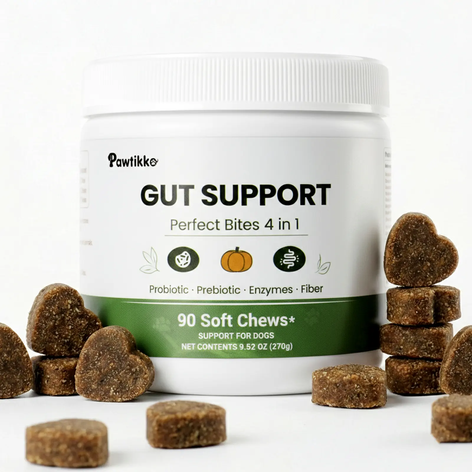 PAWTIKKO Gut Support Soft Chews for Dogs – Probiotics, Prebiotics, Postbiotics, Digestive Enzymes, Pumpkin & Psyllium Fiber, 90 Count