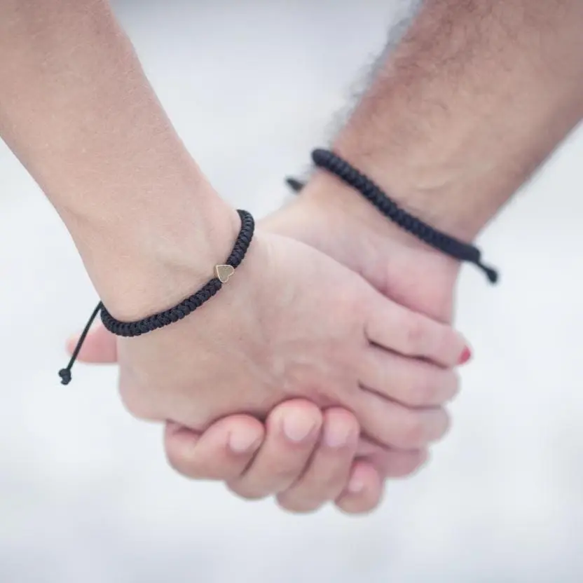 Matching Couples Bracelets, Black Braided Cord Bracelet Set, His and Hers Heart Bracelet, Adjustable Distance Bracelets for Couples