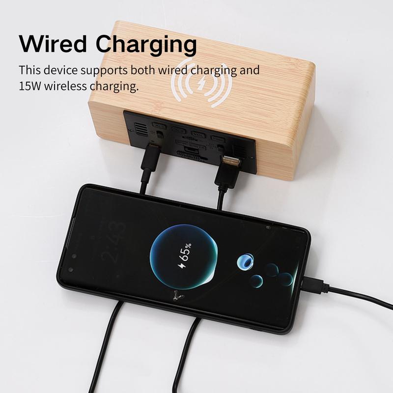 DARAUME Wooden Digital Alarm Clock  Alarm Clock with Qi 15W Wireless Charging Pad  Brightness Adjuster and Alarm Volume Adjuster  Snooze Function  Dual Alarms with Sound Control Function, Time and Date and Temperature Display for Bedroom, Office and Home