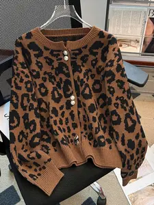 Elegant Leopard Print Cardigan Sweater for Autumn Winter, Stylish Button Design, Casual Loose Fit Outerwear, Versatile Fashion Jacket