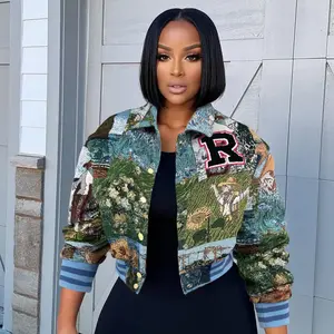 Women's Cropped Floral Print Bomber Jacket Casual Button Down Coats Outerwears Women's Long-Sleeved Square-Neck Short Jacket Suitable for everyday wear, outdoor activities, street style, dates, etc