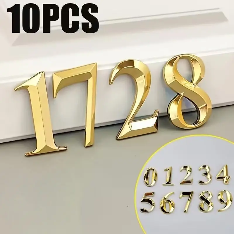 10pcs House Number Identification Signs, Set, 3D Material, Luxurious Decor Self Adhesive Door Numbers for Apartments, Hotels, Offices
