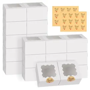 WINKIO 24pcs White Cookie Boxes, 4x4x2.5 Inches Bakery Boxes with Window, for Mini Cake Treat Dessert Pastry Donuts Macaroon Strawberries Chocolate Candy (with Stickers)