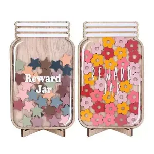 New Wooden Star and Flower Children Reward Jar, Decorative Jar, Desktop Decoration Ornament, Kids Desk Decor, Incentive and Self-Discipline Gift