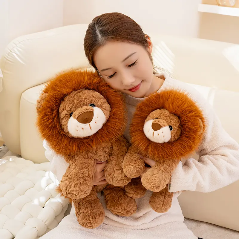 Soft, fluffy small lion plush toy with large mane—soothing pose; persimmon plush figurine; companion stuffed animal for home decor