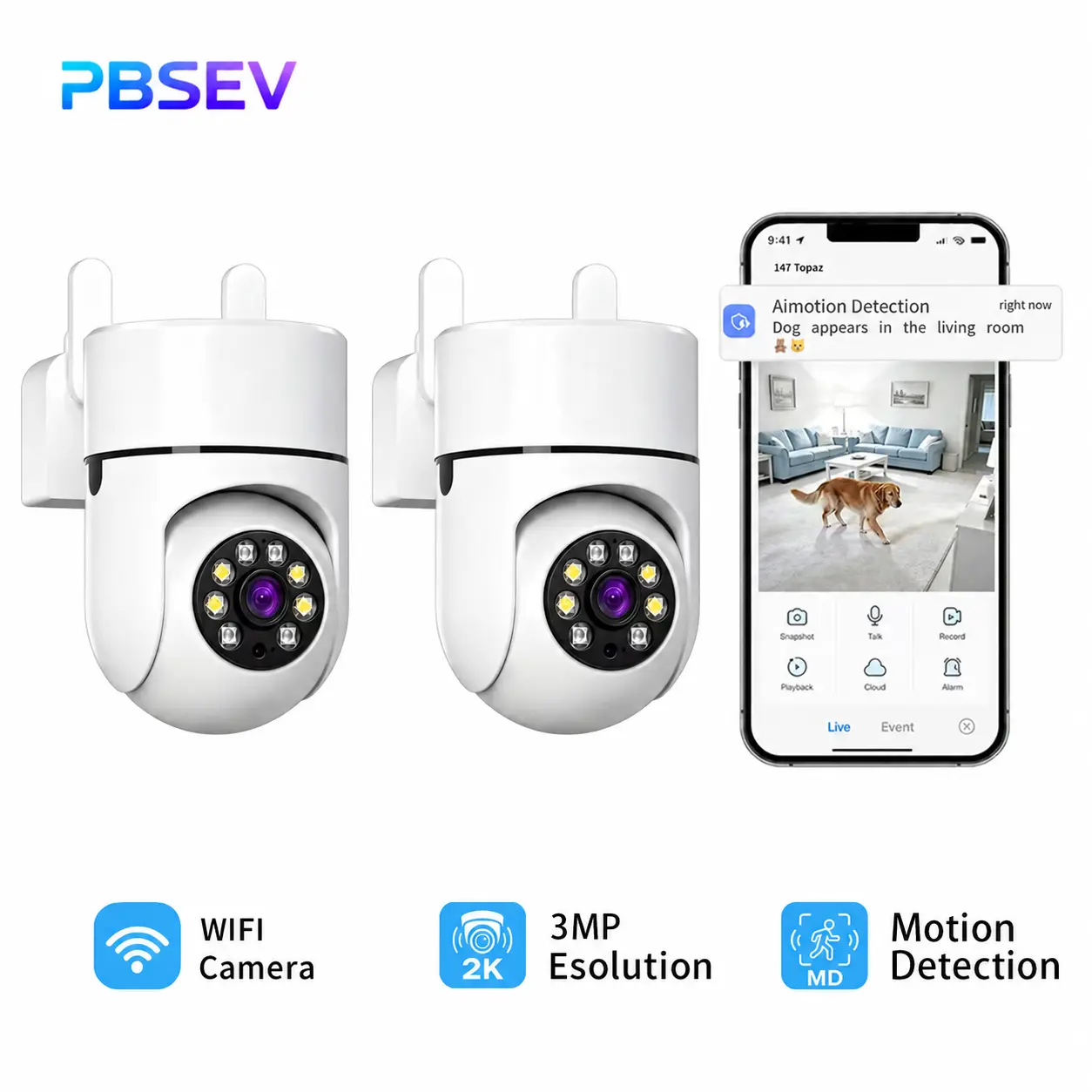 PBSEV Panoramic PTZ Surveillance Camera - 3MP Sharp Image, 0 Indoor Monitoring Blind Spots, Auto Human Tracking, Color Night Vision, 2-Way Audio, Motion Alert, WiFi+BT, Micro SD Support, AC Power, Ceiling Mount, 24/7 Recording, Safety Emergency Alert