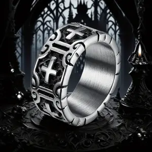 1pc Hipster Punk Motorcycle Style Cross Pattern Stainless Steel Men's Ring, Fashion Trend, Charming Jewelry Accessory