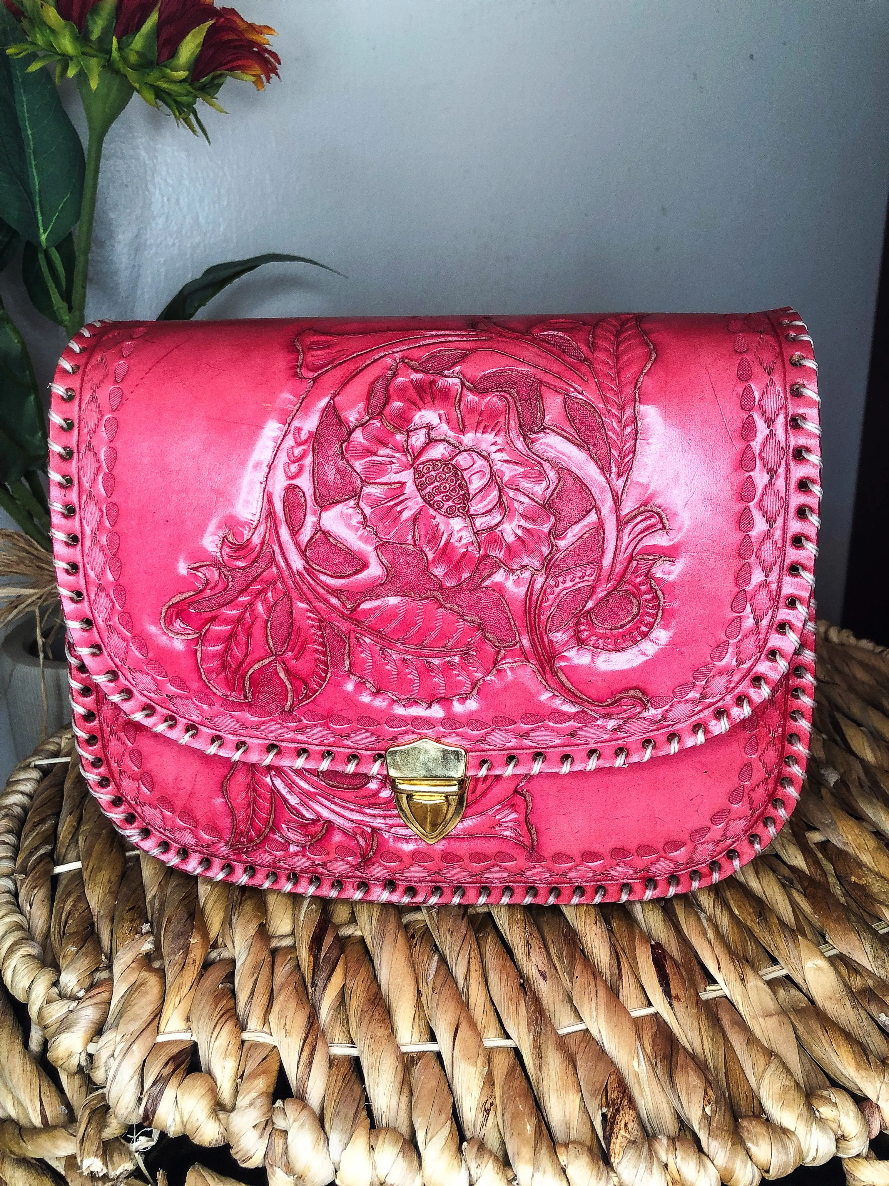 Handmade Watermelon Pink Genuine Leather Crossbody/Shoulder Purse