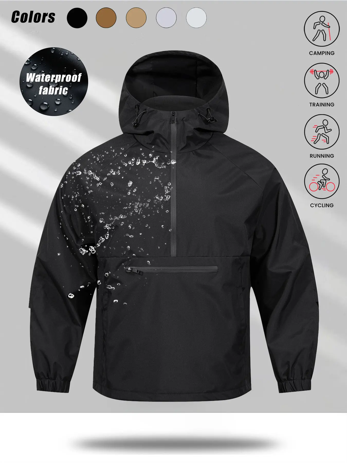 Men's Outdoor Sporty Hooded Jacket, Half-Zip Loose-Fit Design, Windproof Waterproof Woven Fabric, Large Pockets for Fall，Fall Outfits, Sports Jacket