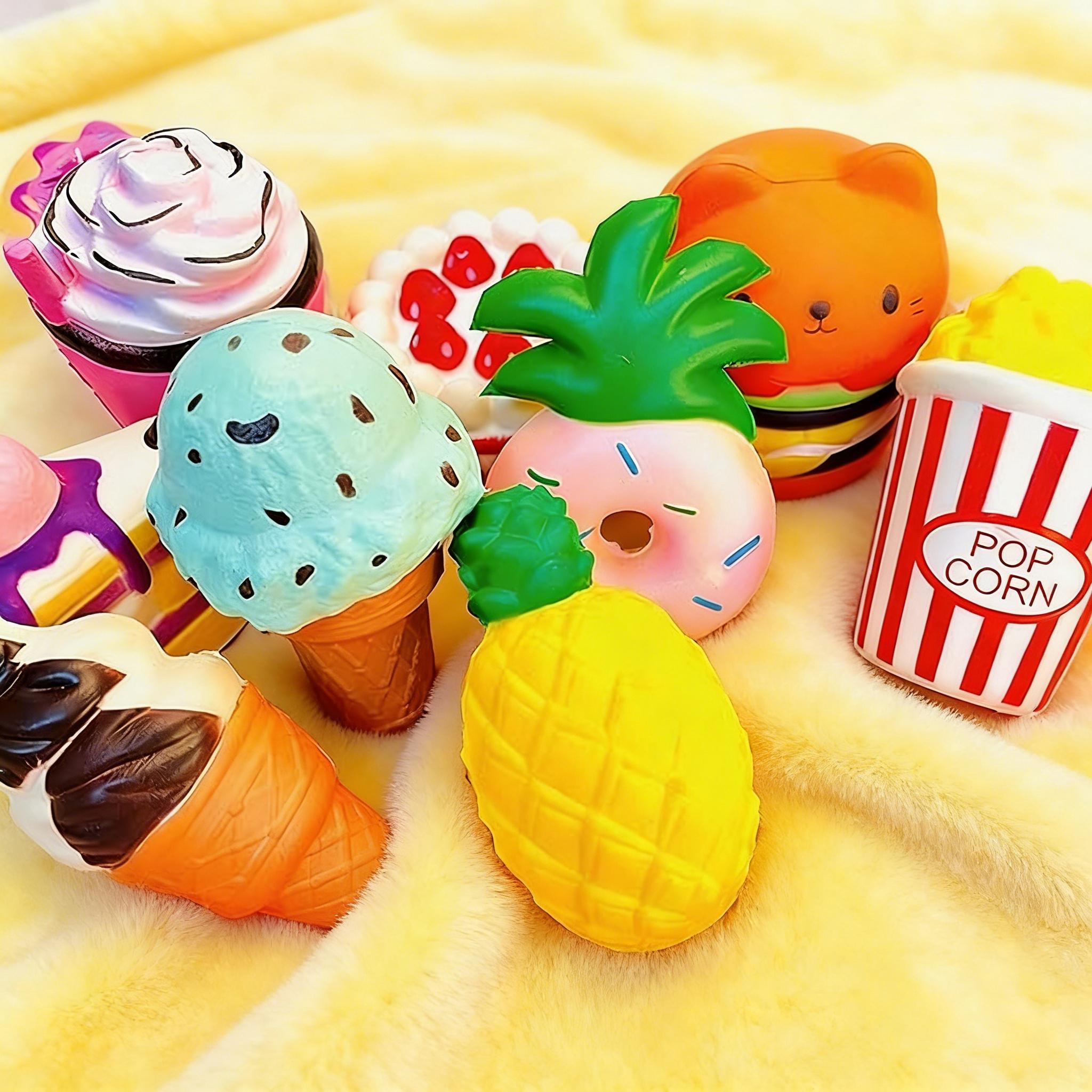 Soft Squishies Set, 9 Pieces – Food-Shaped Squeeze Toys (Hamburger, Popcorn, Cake, Ice Cream, Donut) – Stress Relief Toy for Children