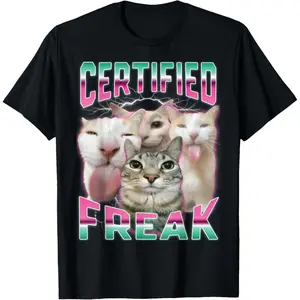 Plus Size Certified Freak Funny Cat Meme Cursed Silly Staring Cat T-Shirt