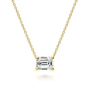BERRICLE Sterling Silver Solitaire East-West Pendant Necklace for Women, 1.7 Carat Emerald Cut Cubic Zirconia CZ 16 inch, Yellow Gold Flashed/Rhodium Plated