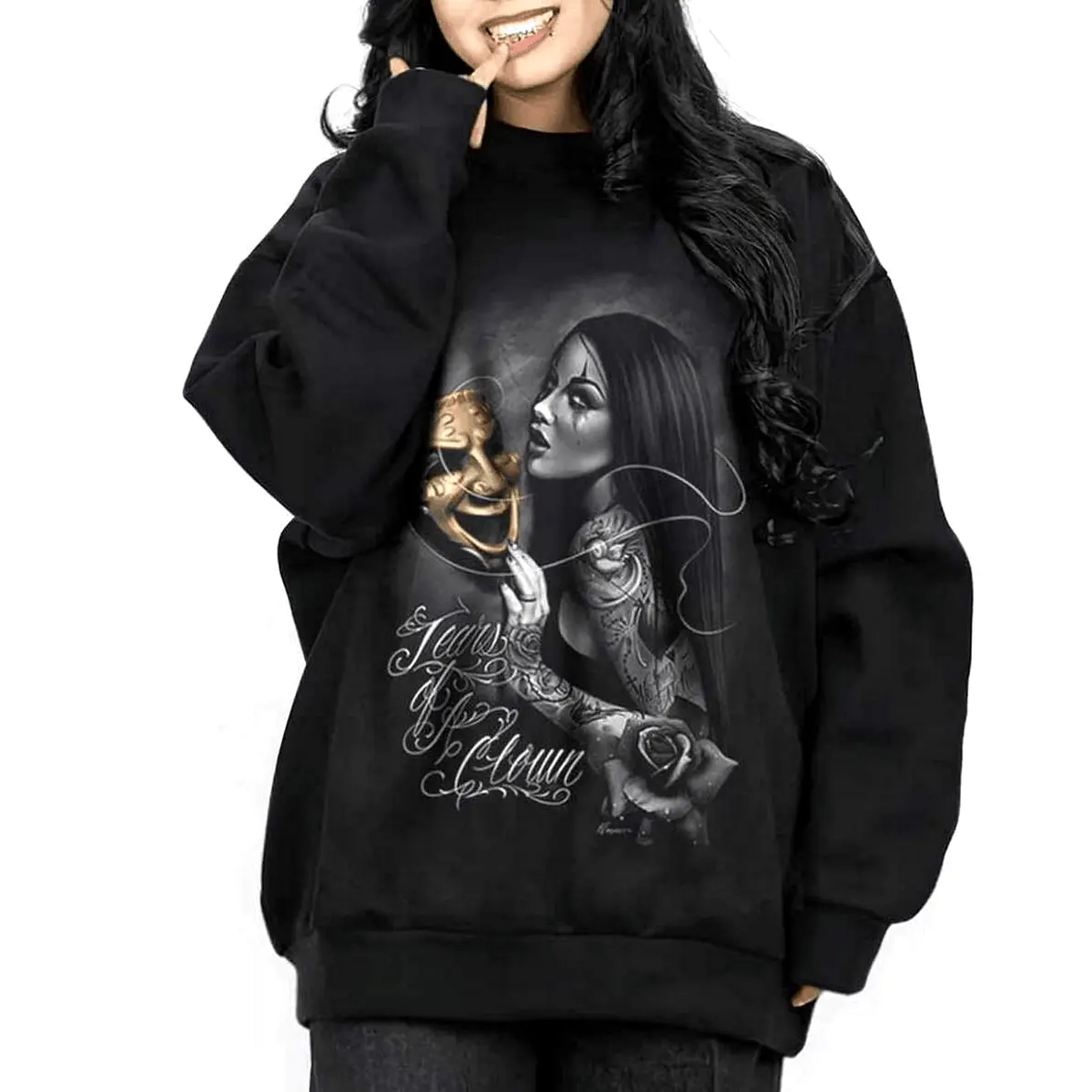 Vintage Chicano Art Hoodie for Women, Tears of a Clown Graphic Pullover, Casual Lowrider Street Style Cotton-Blend Sweatshirt with a Soft Loose Fit, Fits