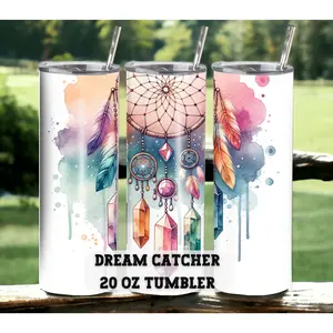 Dreamcatcher 20 oz Skinny Tumbler with Straw - Stainless Steel, Eco-Friendly, Reusable Metal Straw - Lid Drink Drinkware Water Bottles