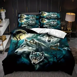 Forest Wolf Pattern Printed Bedding Set, Soft Breathable Polyester Fabric, All Seasons, Includes 1 Fitted Sheet + 2 Pillowcases