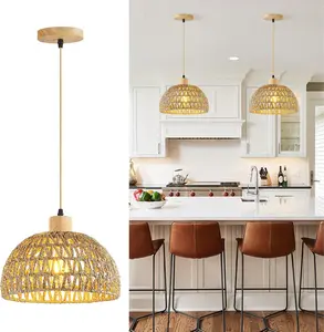 Hand-Woven Pendant Light, 11.8" Dome Rattan Wicker Boho Farmhouse Hanging Lamp for Kitchen Island Dining Room