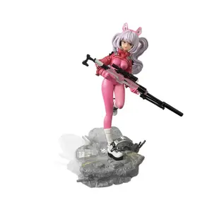 Cute Anime Girl Action Figure with Gun Pose and Display Base - Pink Outfit Bunny Style Statue