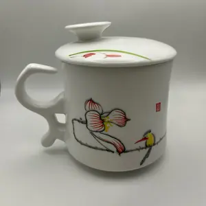 High-Grade Suet Jade Ceramic Mug Large-Capacity Personal Water Cup with Lid Dehua White Porcelain Cup in Gift Box Featuring Floral Design
