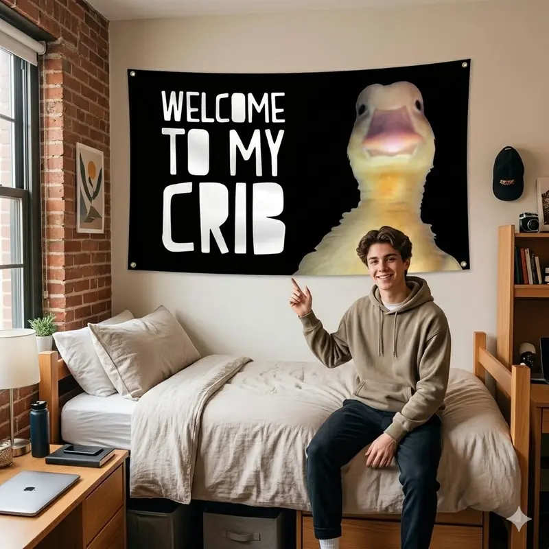 3x5ft Synthetic Meme Duck Humor Crib-Style Welcome Banner, Decorative Print Tapestry Indoor Home Supply, Durable Ceremony Festive Party Decor Gift for Teens