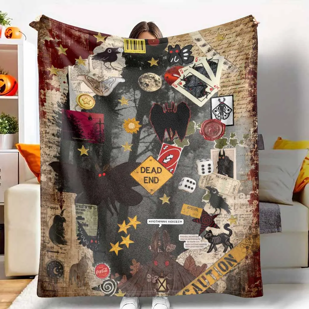 Mothman Cryptid Flannel Blanket Gothic Dark Academia Collage Print Soft Plush Lightweight Warm Fleece Throw For Living Room Bedroom Couch Camping Picnic Home Decor Anniversary Birthday Gift Idea